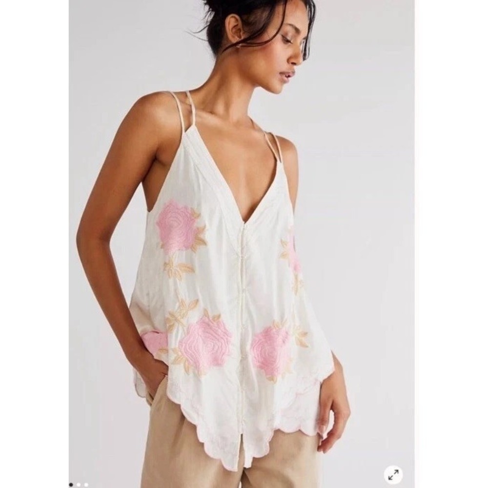 Free People Free People Zayda  Rose Floral Embroidered Scalloped Tunic Tank Sz S